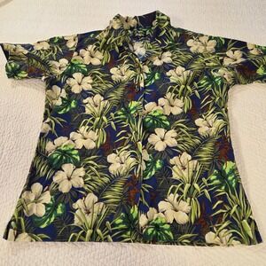 Benny's Mens Large Hawaiian Aloha Shirt Blue Tropical Hibiscus Floral Print L